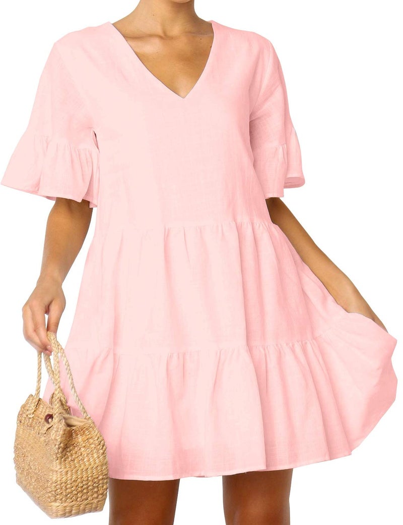 FANCYINN Women Cute Pink Shift Tunic Dress Bell Sleeve V Neck Swing Pink Ruffle Babydoll Dress Summer Vacation XL - Image 4
